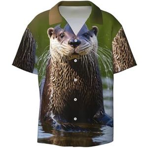 Dier Leuke Bruine Otters Print Mannen Button Down Shirt Korte Mouw Casual Shirt Voor Mannen Zomer Business Casual Jurk Shirt, Zwart, 3XL