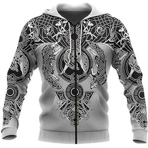 Nordic Wolf Tattoo Zip Hoody Voor Heren, Nieuwe 3D Odin Fenrir Totem Vegvisir Bedrukte Mode-pullover, Lente-jas met Trekkoord en Grote Zak met Lange Mouwen(Color:Grey,Size:S)