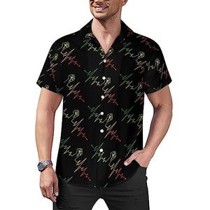 Zwarte Heartbeat Fist Casual Overhemden met knopen voor heren Korte Mouw Cubaanse kraag Tees Tops Hawaiiaans T-shirt L