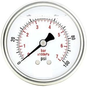 kaliber 2"", roestvrijstalen behuizing, vloeistofvulling, montage aan de achterkant, 100 psi-