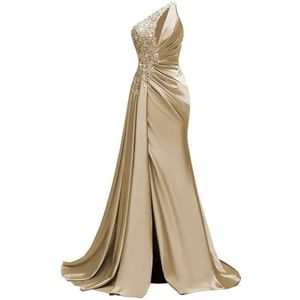Satijnen bruidsmeisjesjurk voor dames, met split, galajurken, plooien, cocktailjurk, grote maten, Champagne, 32