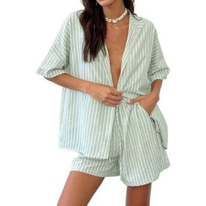 LoprNsdgt Gestreepte Comfort Lounge Sets Voor Dames Losse Opstaande Kraag Shirts Met Korte Mouwen Shorts Set Trainingspak,Groen,L
