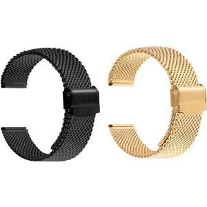 Milanese Mesh Vervangende Horlogeband 2 Stuks, 10 12 14 16 17 18 19 20 21 22MM Horlogeband Met Snelle Ontgrendeling, Verstelbaar, Dubbele Gesp (Color : Black+Gold, Size : 18MM)