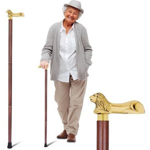 Ajuny Wandelstok voor Mannen Vrouwen Senioren Bruin Houten Opvouwbare Lichtgewicht Decoratieve met Leeuw Messing Handvat Wandelstokken voor Wandelen Cadeau 36 inch