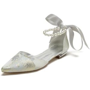 KYEGLO Dames Satijnen Platte Schoenen Met Spitse Neus - Elegante Sandalen Met Gesloten Neus En Enkelbandje Met Parel - Perfect Voor Bruidsfeesten En Bruiloften,Zilver,36