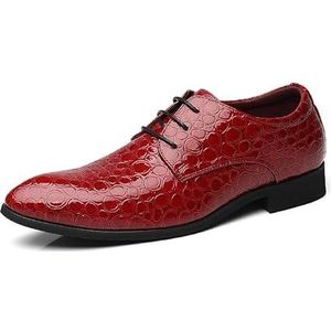 Oxford schoenen for heren met veters, spitse neus, PU-leer, steenpatroon, derbyschoenen, antislip rubberen zool, antislip blokhak, zakelijk (Color : Red, Size : 45 EU)