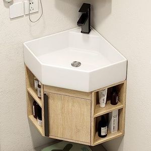 Badkamer ijdelheid kast, kleine badkamer wastafel kast, keramische wand gemonteerd badkamer vaartuig wastafel, hoek badkamer wastafel met kraan,kleine vaartuig wastafel voor badkamers (Color : Wood c