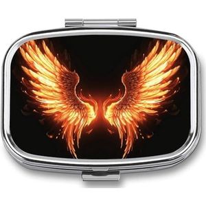 Vierkante pillendoos draagbare metalen pillendoosje 2 compartimenten kleine reizen pillenorganisator schattige vuur hoek vleugels vitamines houder organizer voor portemonnee zak