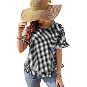 dames topjes Blouse met ruches en gingham-print (Color : Black and White, Size : XL)