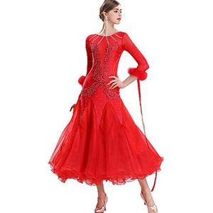 Rood,3XL,Hynyjxjy Ballroom Dansjurken Dames Mesh Splice Waltz Wedstrijd Kleding Moderne Danskostuums Met Strass Flamenco Dansoutfit Geweldige Swing