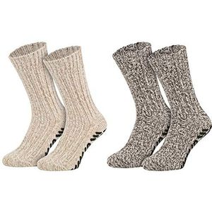 Piarini 2 paar ABS Noorse sokken schapenwol - stoppersokken gebreid met antislip - huissokken met noppen - wollen sokken, 1 x Bruin + 1 x Naturel, 39-42 EU