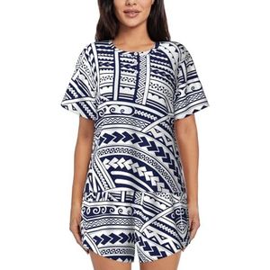 YQxwJL Blauwe Polynesische Maori Tribal Patroon Print Vrouwen Pyjama Sets Shorts Korte Mouw Lounge Sets Nachtkleding Casual Pjs Met Zakken, Zwart, 3XL