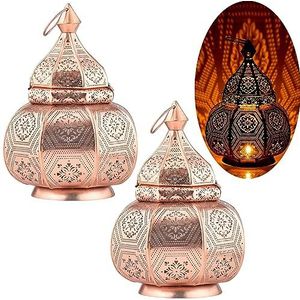 Set van 2 Marrakesh lampen en lantaarn in één van metaal 30 cm groot | tafellamp windlicht Mahana koper als oosterse decoratie