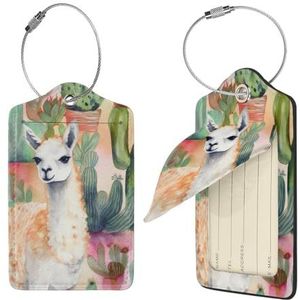 Lederen bagagelabels 1 bagagelabels voor koffer, witte alpaca, aquarel, cactus, bagagelabel met privacyhoes, lederen naam-ID-label, kofferlabels, kofferlabel voor reistassen