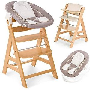 Hauck Kinderstoel Alpha Plus Newborn Set - 4-delige Houten Meegroeistoel vanaf de Geboorte incl. Wipstoeltje, Zitkussens en Gordel - Natural