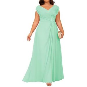 Dames chiffon moeder van de bruid jurk voor bruiloft ruches galajurken cocktailjurk plus size, mintgroen, 32