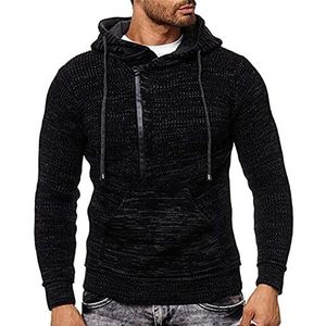 Wintertrui, Heren Truien Herfst Winter Effen Gebreide Trui met Capuchon(Black,XL)
