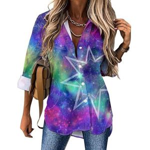 Constellation Galaxy Print damesoverhemden met knoopsluiting en lange mouwen, jurk met V-hals