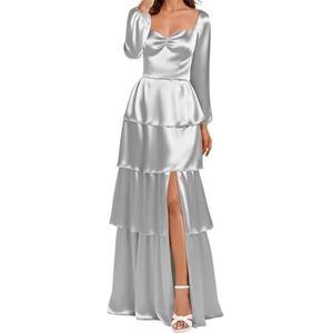 AHERKLL Bruidsmeisjesjurken met lange mouwen voor bruiloft gelaagde satijnen formele avondfeest maxi-jurk met split HAH043, Zilver, 32