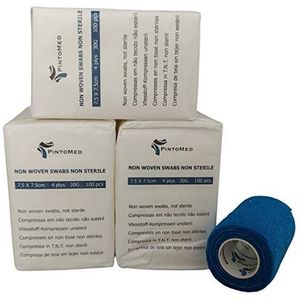 PintoMed - 3 x Pak Niet-Geweven Kompressen niet-steriel, niet-geweven, TNT, 7,5 cm x 7,5 cm, 100 x 3 = 300 stuks. Bied 1 rol samenhangend verband 7,5 cm x 4,5 m