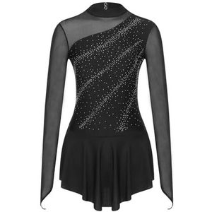 CXPMY Kunstschaatsen Jurk Dames Kunstschaatsen Jumpsuit Sheer Mesh Splice Lange Mouw Dancewear Ballet Jurk Ritmische Gymnastiek Turnpakje Dansen Bodysuit (zwart, M)