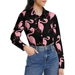 De schattige mooie roze flamingo dames shirt lange mouwen button down blouse casual werk shirts tops 2XL