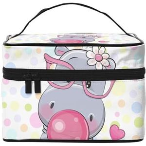 Leuke Cartoon Hippo Met Bubble Gum Kleurrijke Stippen, Make-up Tas Cosmetische Tas Draagbare Reizen Toilettas Potlood Case, zoals afgebeeld, Eén maat