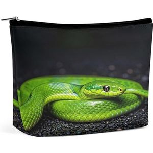 JKLQWH Lederen make-up tas waterdichte cosmetische tas voor vrouwen de groene slang open platte toilettassen draagbare tas met rits make-up organizer case voor reisaccessoires, de groene slang, 6,8 ×