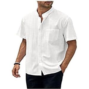 Heren Korte Mouwen Linnen Overhemden Krimpvrij Normale Pasvorm Effen Overhemd Casual Lichtgewicht Strandoverhemden Tops Met Zak heren t-shirt(Blanc,M)