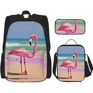 OdDdot Schooltassets rugzakken voor meisjes schooltassen voor studenten werk lunchtas etui unisex palmboom paarse zonsondergangen, Een roze flamingo op het strand, Eén maat