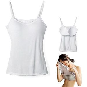 Sorviesw 2-in-1 basic naadloos hemdje voor dames, effen kleur, spaghettibandjes, slim fit, katoen, verstelbare spaghettibandjes, tanktop voor dagelijks gebruik, tanktop met ingebouwde beha-XXL, wit,