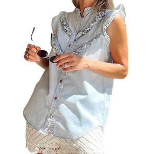 QOUERUUE Dames Denim Shirt Mouwloze Ruches Button Down Zomer Casual Trendy Jean Tanktop,Light blue,L