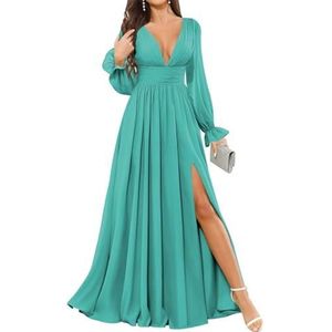 KURFACE Dames chiffon bruidsmeisje jurken lange mouw diepe V-hals Maid of Honor herfst formele avond feest jurken, Turkoois, 48 grote maten