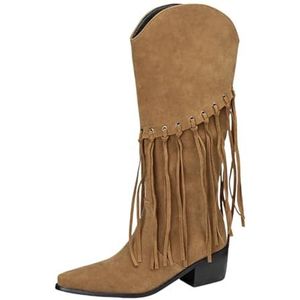 Vintage Hoge Laarzen Met Franjes Dames Western Cowboylaarzen Puntige Neus Lange Laarzen Suède Rijlaarzen Met Blokhak Herfst/winter Brede Schacht Instapschoenen(Beige,43 EU)
