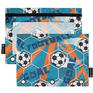GAIREG Voetbal Voetbal op Blauw Oranje 3 Gat Potlood Pouch Binder Potlood Case 2 Pack