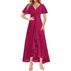 WSEYU Korte Mouw Moeder Van De Bruid Bruidegom Jurken Chiffon Kralen Formele Avond Grootmoeder Jurken Thee Lengte ZM203, Fuchsia, 32