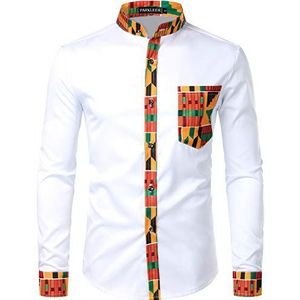 PARKLEES Afrikaanse tribal grafisch patchwork design slim fit lange mouwen vrijetijdshemd party shirt voor mannen, wit, S