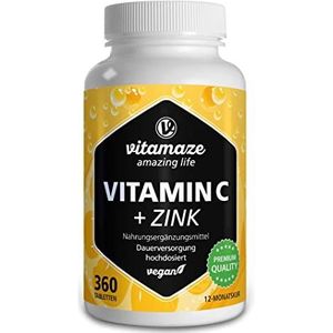 Vitamine C 1000 mg + Zink, 360 Veganistische Tabletten voor 12 Maanden, Puur Natuurlijk Supplement zonder Onnodige Toevoegingen, Made in Germany