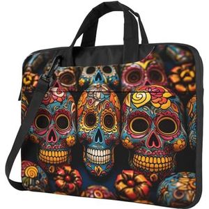 Kleurrijke Suiker Schedels Print Laptop Tas Shockproof Laptop Schoudertas Draagbare Messenger Bag W/Handvat Aktetas, Zwart, 14 inch