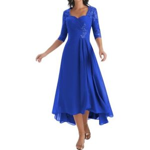 KIYNE Damesjurk, lange jurk voor moeder van de bruid met mouwen, geplooide kanten applicatie, V-hals, formele avondjurk, koningsblauw, 32