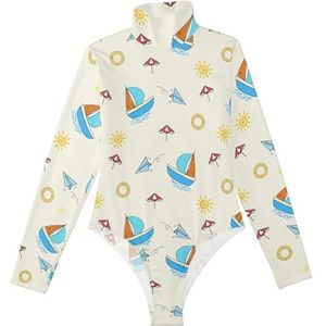 LI ZHI XIN Rompertjes met lange mouwen voor dames, eendelige jumpsuit met hoge hals, coltrui, turnpakje, top voor meisjes, dans, training, fitness, body, oceaan, zeilboot, cartoonpatroon, Meerkleurig