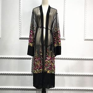 Plus Size Lang Shirt Vrouwen Kimono Bloemen Borduurwerk Chiffon Mesh Blouse Vest Kleding Gewaad (Kleur: Zwart, Maat: L)