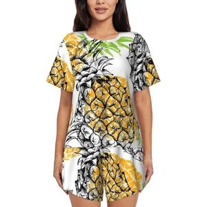 Gele Ananas Print Dames Zomer Zachte Tweedelige Bijpassende Outfits Korte Mouw Pyjama Lounge Pyjama Sets, Zwart, XXL