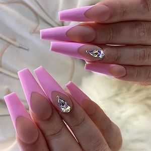 Coffin False Nails Long Fake Nails Pink Crystal Ballerina Acrylic Press on Nails Full Cover Stick on Nails 24pcs for Women and Girls