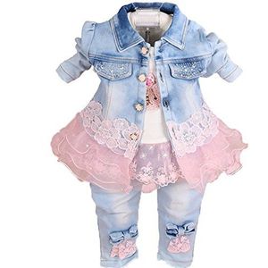 Baby Meisjes Denim Kleding Sets 3 Stuks Sets T-shirt Denim Jas en Jeans, roze, 1-2 jaar