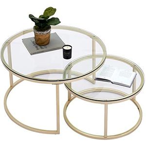 Gouden salontafel, glas, salontafel set van 2 met 1 grote salontafel rond en 1 kleine tafel, bijzettafel rond van metalen frame, woonkamertafel, modern