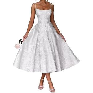 AHERKLL Spaghetti Bandjes Bruidsmeisjes Jurken Bloemen Satijn Jacquard Formele Avond Feest Maxi Jurk Thee Lengte HAH048, Wit, 34