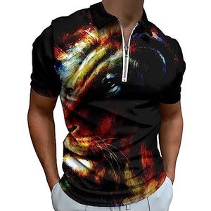 Kleur Leeuw Portret Poloshirt voor Mannen Casual Rits Kraag T-shirts Golf Tops Slim Fit