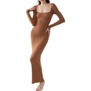 Women's Long Sleeve Square Neck Bodycon Maxi Long Dress, Soft And Comfortable, Stretch Fabric, Slim Fit Bodycon Dress (Medium,Brown)