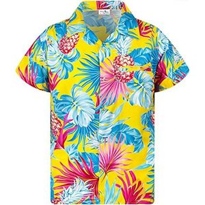 King Kameha funky informeel Hawaïaans shirt voor kinderen, jongens en meisjes met voorzak. Zeer opvallende korte mouwen unisex ananasbladeren palmen print, 8 jaar